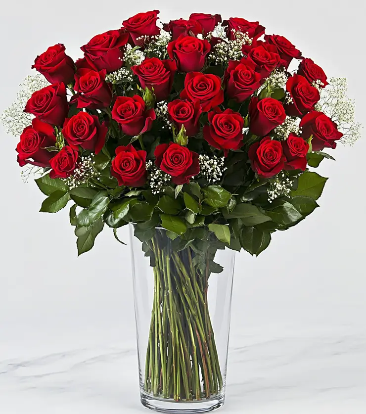 A Stunning Arrangement of Two Dozen Red Roses