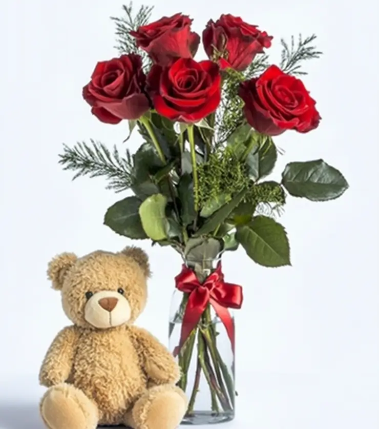 3 Red Roses & Bear
