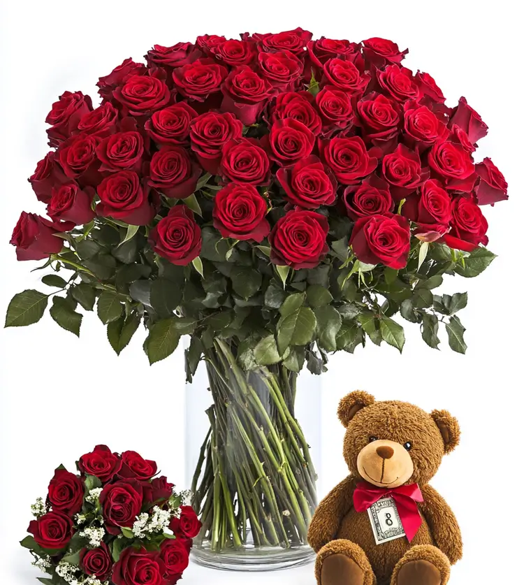 2 Dozen Red Roses & Bear