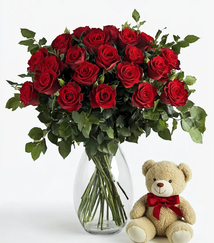 12 Red Roses and Bear