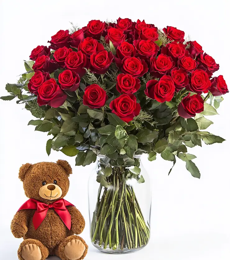 2 Dozen Red Roses & Bear