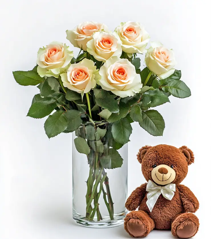 Six White Roses and Bear